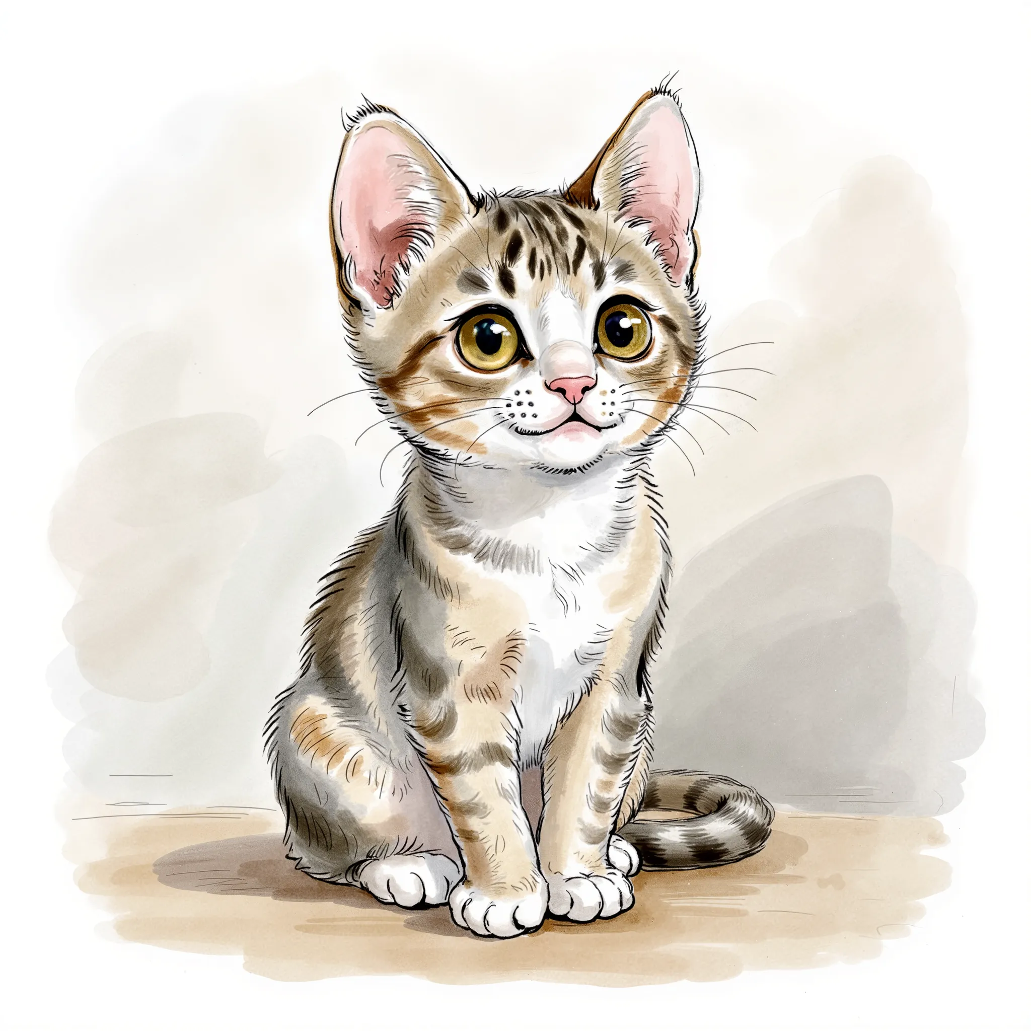 A curious cat with wide eye sitting on the floor, water color illustration, no background