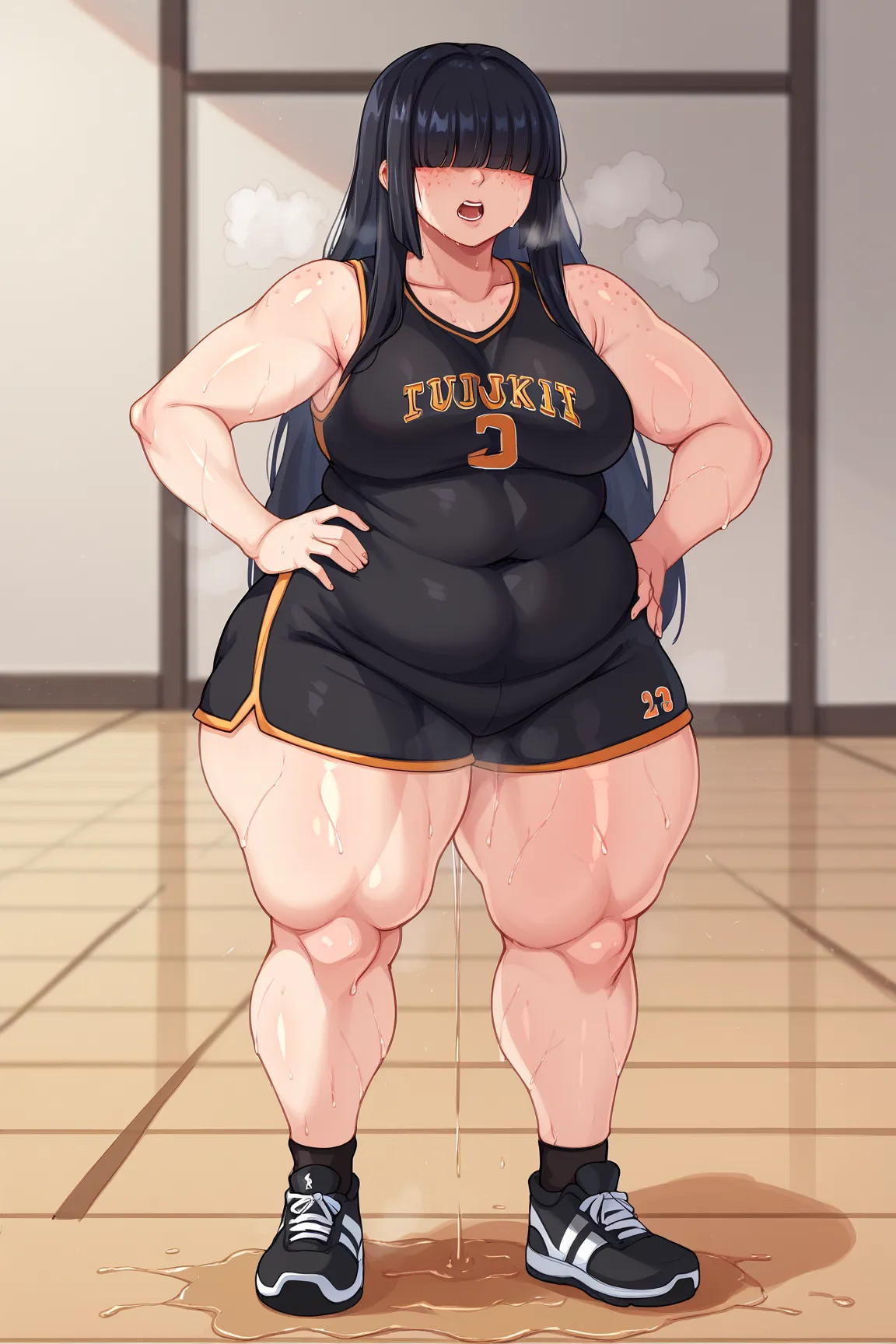 score_9, score_8_up, score_7_up, BREAK, 1girl, solo, 1girl, solo, , black hair, hime cut, long hair, hair over eyes, freckles, black tank top, black gym shorts, black makeup, casual, cowboy shot, large breasts, hand on hips, sweaty, sweating profusely, ope...