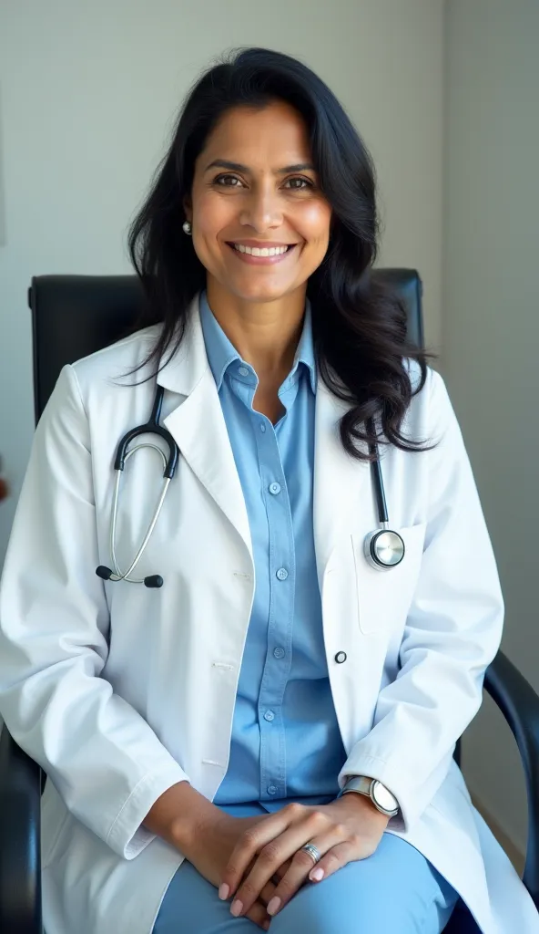 Indian doctor women in doctor dress sit on chair