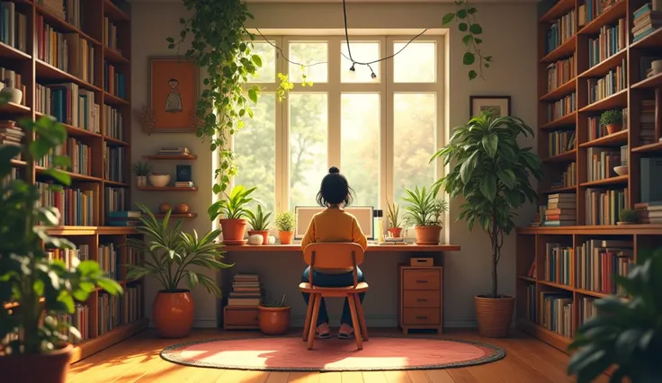 Mia in her cozy, humble apartment, filled with books, plants, and art supplies. Maybe she’s sitting at a desk or painting, reflecting peace and simplicity.
Tone: Warm, peaceful, and grounded. 8k, realistic, colorful, vibrant 