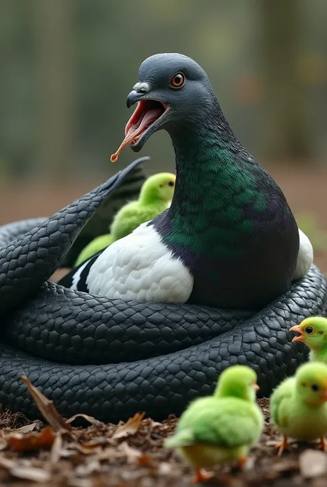 The black serpent suddenly wraps its thick body around the pigeon, squeezing tightly. The white and black same color pigeon struggles, its wings flapping harder, trying to break free. The green  chicks watch in horror, chirping loudly as the battle reaches...