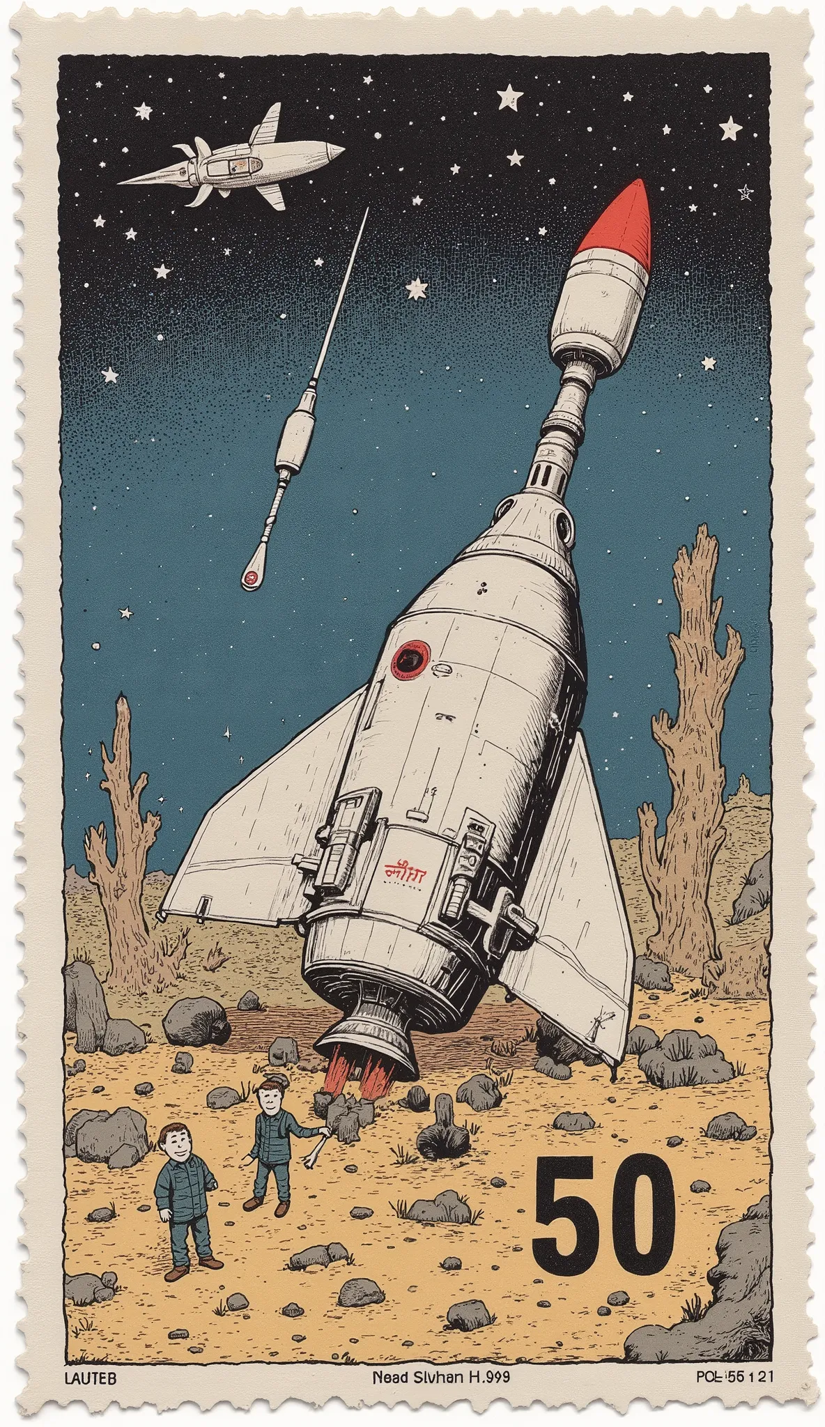 close up of a stamp sheet with a cartoon of space on it, Edward Avedisian album cover,  pixabay,  retrofuturism ,  Vostok 1 , 1962 Soviet, Sputnik satellite, 1968 USSR, small 宇宙飛行士, Vintage 1950's Stamps, Space development, You're Perfect for Nostalgia, Po...