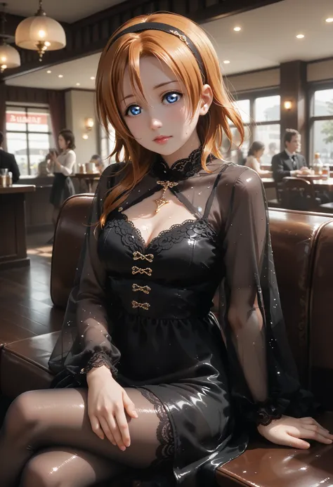 Realistic, love live,kousaka honoka ,love live, blue eyes, orange hair, 8k wallpaper, Black Dress, Sheer Sleeves, Lace Details, Deep Neckline, Black head band on forehead, Gold Jewelry, Elegant Style, chest exposed,Cozy Seating, sitting,short dress, restau...