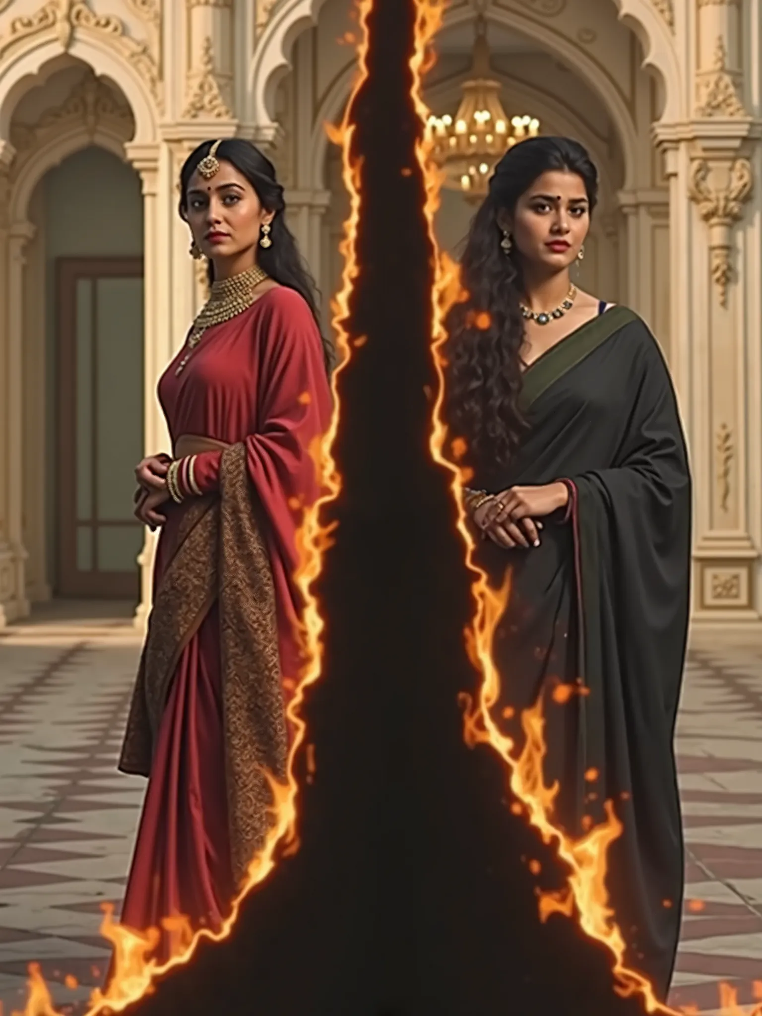 Create a hyper-realistic, Bollywood-style movie poster titled "Durjangarh Chronicles," featuring a grand royal palace interior that is visually split apart by intense torn paper flames, symbolizing division and conflict. Standing on opposite sides of the f...