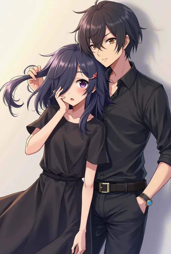 A asthetic photo of an cute short anime girl with one eye covering hair pulling hair of a long anime boy the boy is wearing black shirt and pant the girl is wearing a black dress

A asthetic photo of an cute short anime girl with one eye covering hair pull...