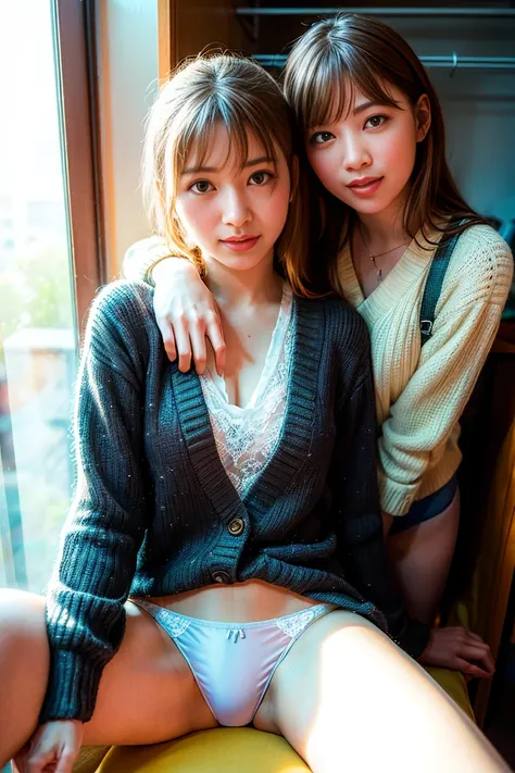 8k、 RAW portrait （ japanese woman）、 masterpiece、 photo real：1.3、Genuine、  super high resolution 、 best quality、  actual pictures 、（ evening：1.1）((( two girls：1.5)))、（((In the room two girls Showing Off Their Panties))）、（ cute face ：1.3）、Japanese two girls、...