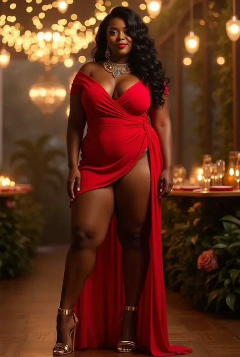 A curvaceous Black woman in a figure-hugging off-the-shoulder mini dress in vivid scarlet chiffon with a draped front and a flirty high slit, paired with gold strappy heels and a bold statement necklace. Her hair falls in long, soft waves, as she stands am...