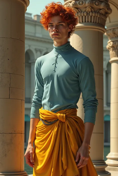 an elegant greek man, age 18, digital painting in the style of Robert Liberace, serenely posed, candy red, Tousled Curly Bob hair, male, very young, Handsome, standing between two ornate columns, wearing a rich yellow loincloth and picton blue Turtle Neck ...