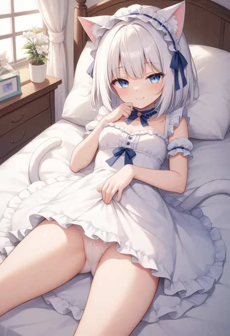 girl,white hair,cat ear,cat tail,lightblue eye,smile,lolita dress,white dress,white panties,bedroom,sleepy