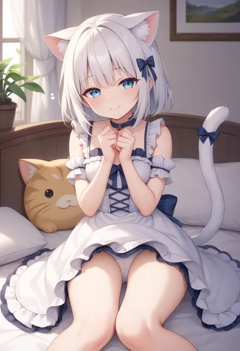 girl,white hair,cat ear,cat tail,lightblue eye,smile,lolita dress,white dress,white panties,bedroom,sleepy