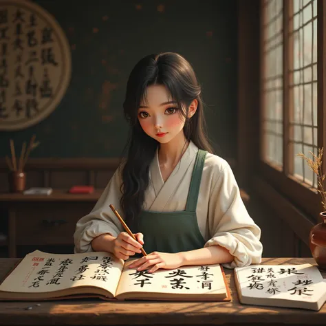 A cute girl is practicing kanji
antique desk
Kanji written all over a notebook

photorealistic　 Details　 best quality