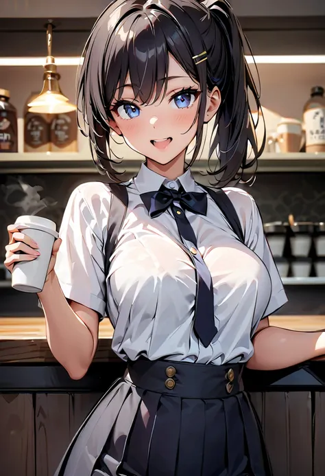 Commemorative photo of a girl ,  1 girl,   black hair, chiponytail，  hair clip,   girl,  , Cafe:1.2, , Coffee cup in hand:1.4,  cheeky face, with a slightly open mouth,  light and shadow with great attention to detail,   Background Blur :1.2, Light blue ey...