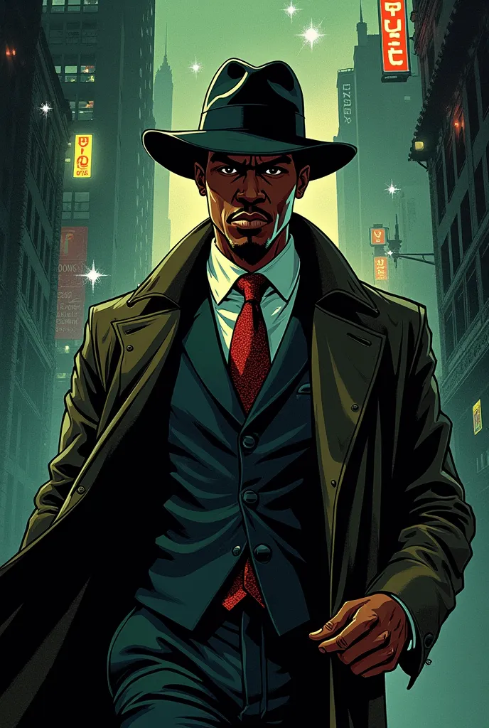 30 year old African American man as private detective. He wear a 1930s suit and ties and trenchcoat. He's a demi-god with many godly powers. He got a lightning birth mark. In the comic book style 