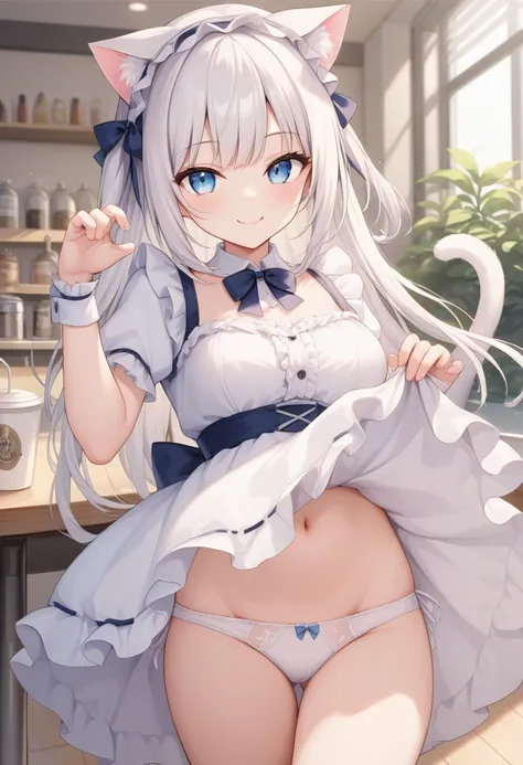 girl,white hair,cat ear,cat tail,lightblue eye,smile,lolita dress,white dress,white panties,cat pose,cafe