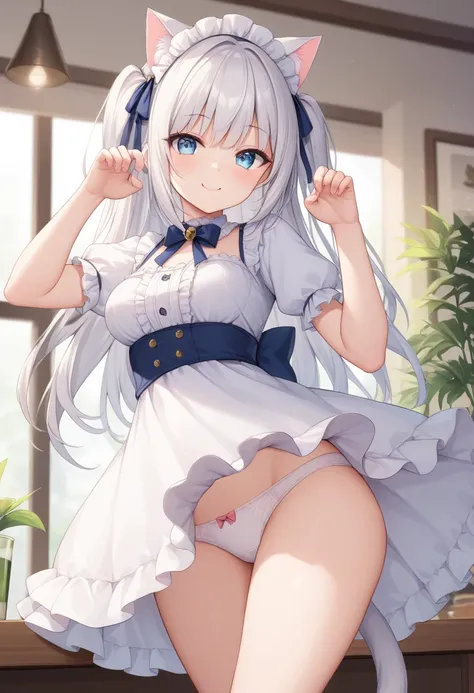 girl,white hair,cat ear,cat tail,lightblue eye,smile,lolita dress,white dress,white panties,cat pose,cafe