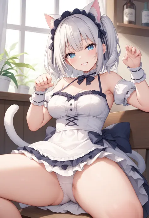 girl,white hair,cat ear,cat tail,lightblue eye,smile,lolita dress,white dress,white panties,cat pose,cafe