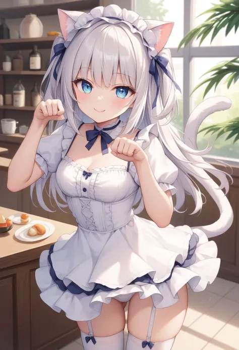 girl,white hair,cat ear,cat tail,lightblue eye,smile,lolita dress,white dress,white panties,cat pose,cafe