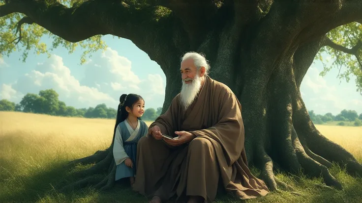 "A wise old man with a long white beard, wearing simple brown robes, sits under the shade of a massive ancient tree in a vast, open countryside. He has a gentle, knowing smile and is engaged in deep conversation with a young girl, who listens intently. The...