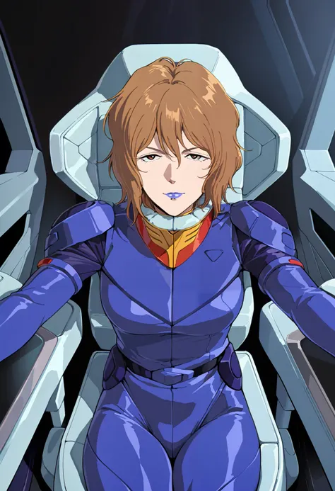 masterpiece, best quality, Rezin Schneider, 1 girls, brown short hair, blue lips,blue pilotsuit,sitting,Alone、 is the cockpit in the background、 sits in the cockpit、泣き顔、 口を開けて叫んでいる、

