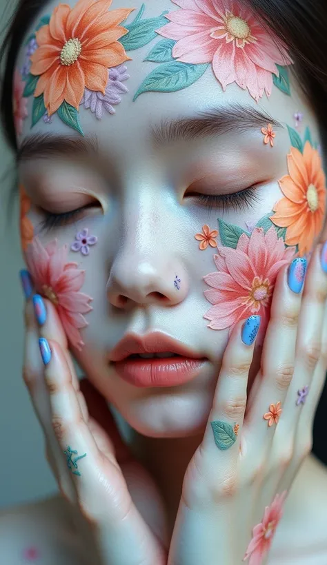 Close-up portrait of a person with face and hands covered with intricate floral and geometric designs.  white skin,  young adult,   eyes closed. The designs are composed of medium textured elements, How do you count , flowers and organic shapes in shades o...