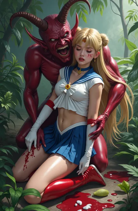 Hyperrealism, masterpiece, highest quality, A young Japanese woman is lying her head on a devil lap, painful face, cum on her forehead, a lot of cum on her legs, she is wearing a Sailor Moon costume, Blue sailor collar, Blue mini pleated skirt, she is wear...