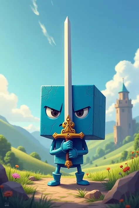 A blue cube without arms or legs holding a sword, loonking to horizon with a angry cute face with a beatiful landscape and a tower in the background