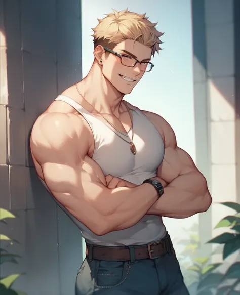  high definition、Ultra-clear、 anime image quality、Boy with glasses that look weak at first glance but are muscular and macho when you take them off