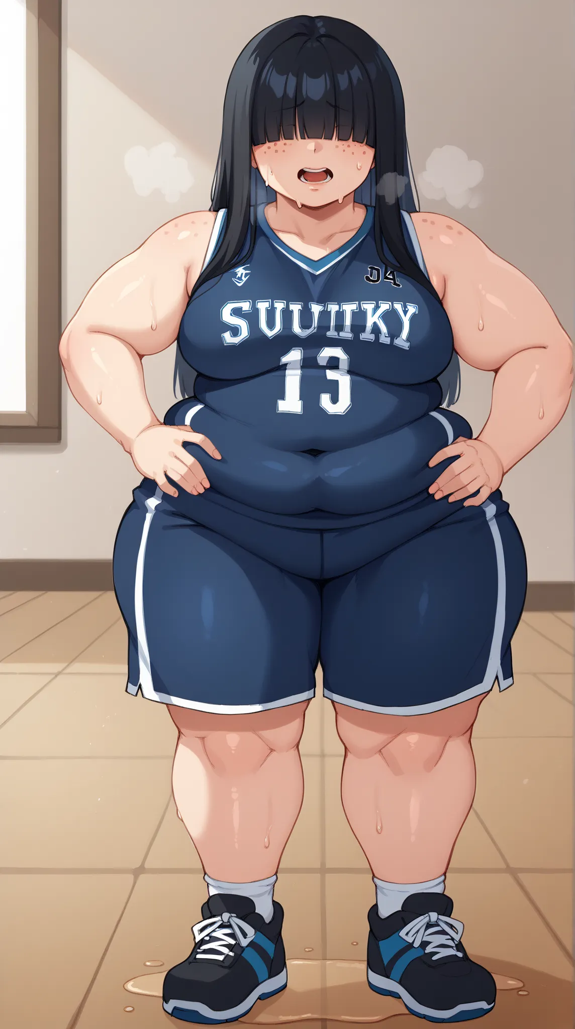 score_9, score_8_up, score_7_up, BREAK, 1girl, solo, 1girl, solo, , black hair, hime cut, long hair, hair over eyes, freckles, black tank top, blue gym shorts, black makeup, casual, cowboy shot, large breasts, hand on hips, sweaty, sweating profusely, open...