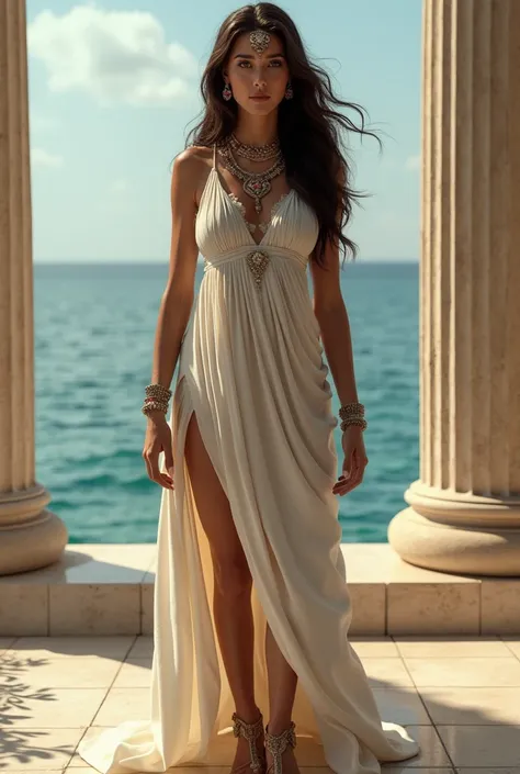 “beautiful Grecian goddess, perfect facial features, long luxurious hair with stray tendrils, deep expressive eyes, metal jewelry and flowers, draped fabric clothing, strapped sandals, standing full body in a temple, octane render, digital art with intrica...