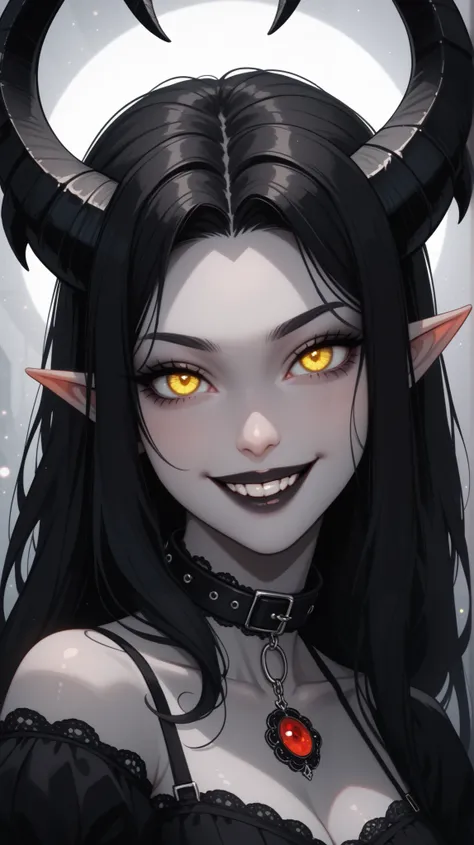 tiefling, sexy pla neckline ,gray skin, cute face, big black curved horns, score_9, score_8_ upwards, score_7_ upwards, score_6_ upwards, 1girl, g4n1m3, gothic high-quality, looks at the audience, ( black long hair , Expressive yellow eyes :0.7, ...