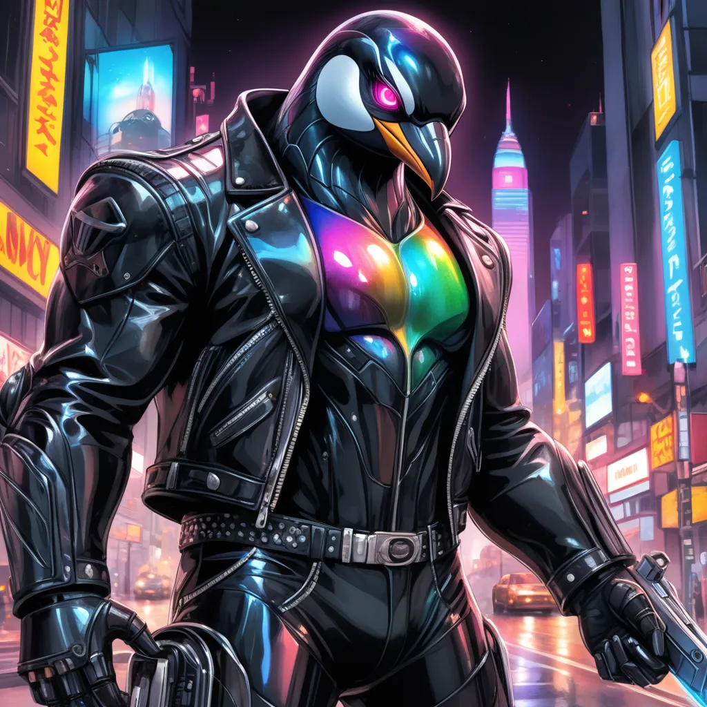 Closeup, Watercolor, digital comic book style, holographic polished Liquid Metal molded into the shape of an an extremely badass anthropomorphic holographic polished Liquid Metal penguin completely possessed by a deadly T-800 Terminator robot wearing an in...