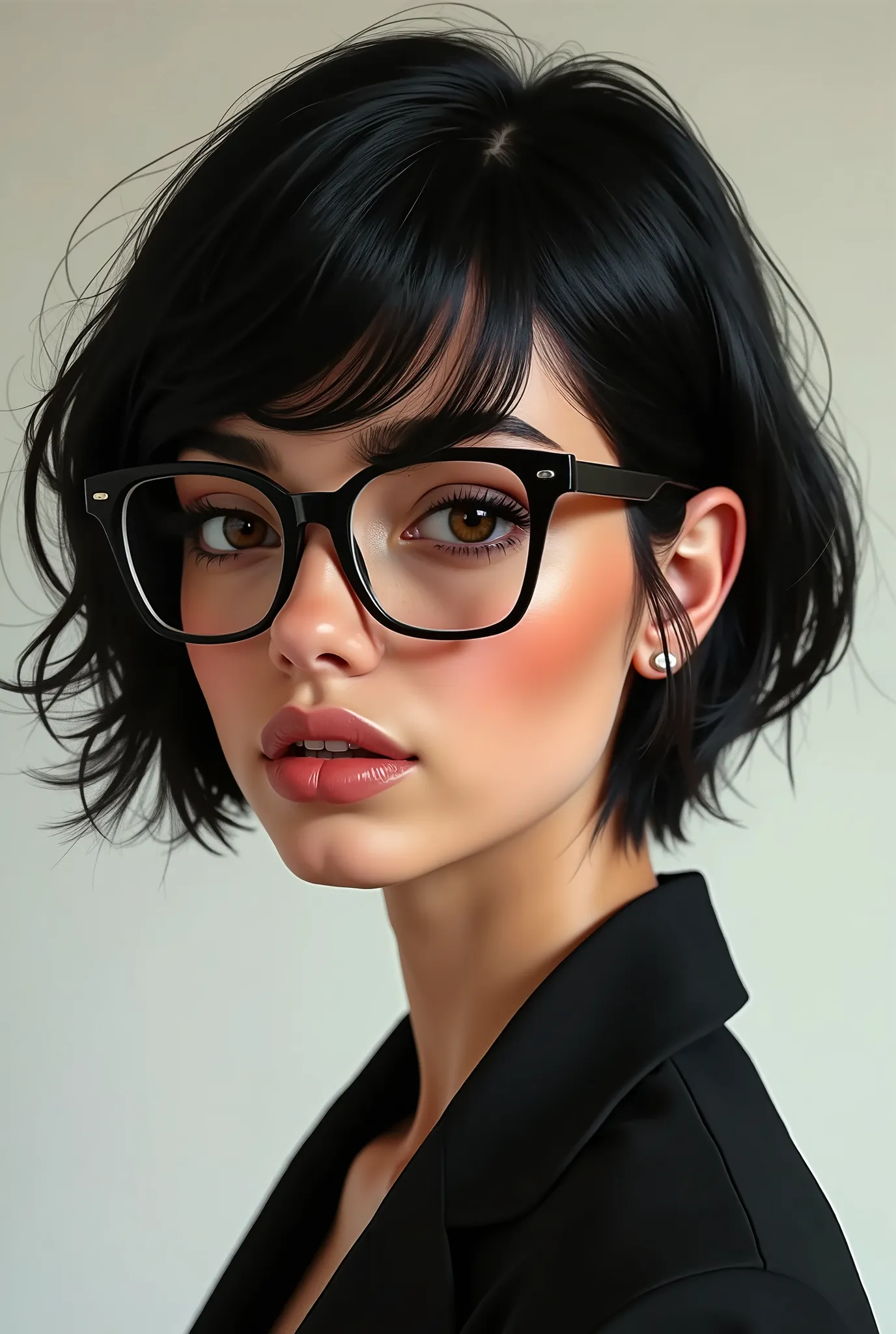 A European woman named Mia with short black hair, She is Brazilian with glasses 