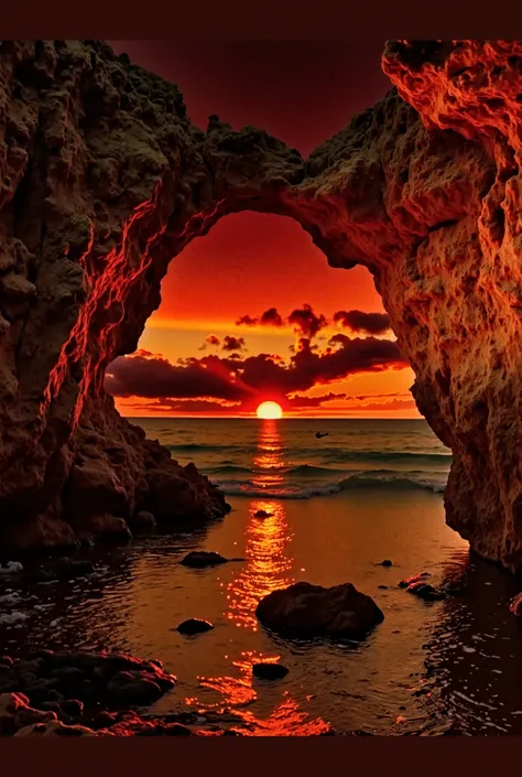 "A breathtaking sunset casting golden and crimson hues through a rugged natural rock arch, framing the tranquil sea beyond."