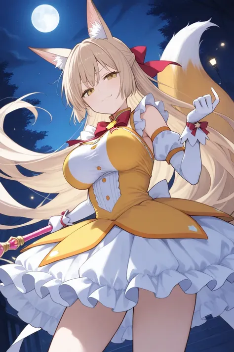 score_9, score_8_up, score_7_up, ((dim, night)), looking at viewer, dutch angle, (solo, 1girl, blonde hair, yellow eyes, very long hair, half updo, hair ribbon, fox ears, fox tail), large breasts, (magical girl costume, blonde frilly dress), dynamic pose, ...