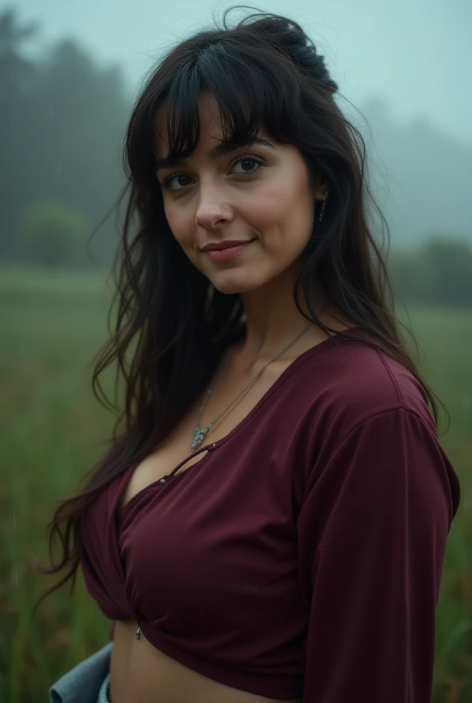 close-up 22-year-old Russian girl, curvy hourglass figure, sexy body, plain maroon cotton blouse, lehenga, exposed waist, long wet disheveled hair, bangs, village scenery, posing for camera, post-coital glow, early morning, raining, fog, sensuous mood, Anu...