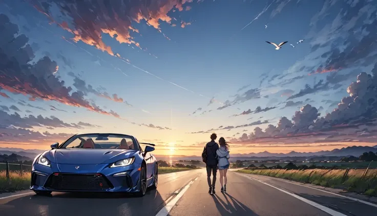 dark haired couple" Flying Bird"and"Haruna",  blue sports car "GR86"On a road trip to the sunset,Greatest Masterpiece,4K