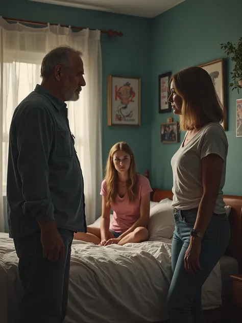 Photo super réaliste, showing a 60-year-old dad and his 50-year-old wife standing in front of their 20-year-old daughter's bedroom door. La fille est assise sur son lit, with a face of discontent with his father. Les parents montrent un visage de désolatio...