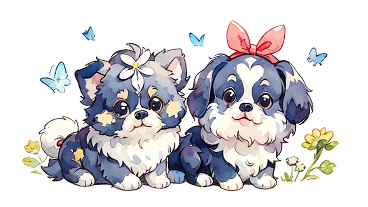 Shih Tzu:1.5、 cute little 、 Big Eye、 fluffy fur 、 simple background 、 watercolor、Dandelion