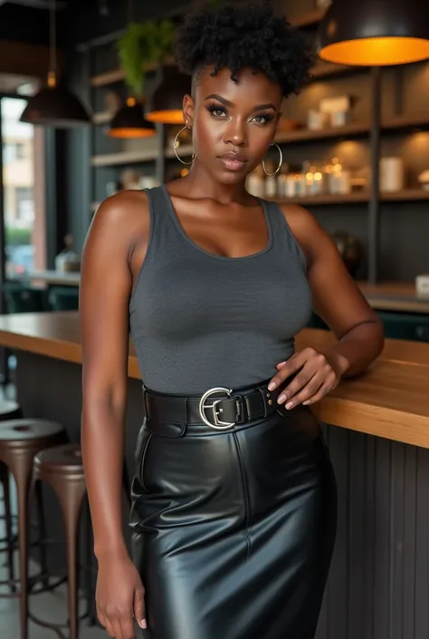 A curvaceous Black woman in a charcoal grey fitted tank top and a high-waisted black faux leather pencil skirt at a chic downtown coffee shop, featuring geometric silver hoops and stylish platform loafers, her hair in a textured, short natural cut with sha...