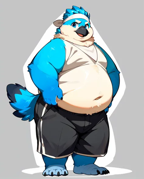 An anthro furry blue jay bird, chubby body, fat cheeks, white fur neck, medium beak(gray), white eyebrows, wearing white headband, fullbody, obese, gray background, feet, male, worry expression, tail bird, blank gray background, standing, blue jay fur, thi...