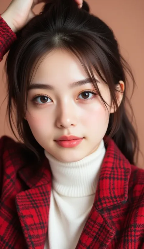 1  beautiful若い女の子, 非常に beautiful詳細な顔,  smiles shyly while wiping hair , Symmetrical black eyes,  small breasts), (Red Houndstooth Coat :1.4), (off-white turtleneck sweater dress:1.3), The princess cut her hair, (Detailed face:1.2),  high quality,  realisti...