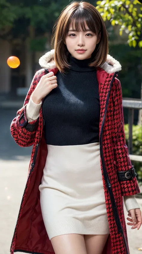 1  beautiful若い女の子, 非常に beautiful詳細な顔,  smiles shyly while wiping hair , Symmetrical black eyes,  small breasts), (Red Houndstooth Coat :1.4), (off-white turtleneck sweater dress:1.3), The princess cut her hair, (Detailed face:1.2),  high quality,  realisti...