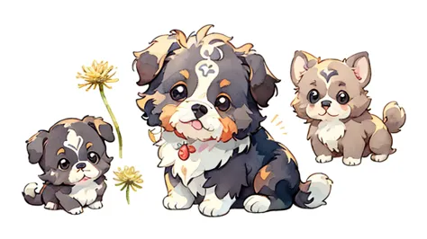 Light brown Shih Tzu puppy:1.5、 cute little 、 Big Eye、 fluffy fur 、 simple background 、 watercolor、Dandelion