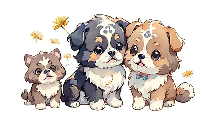 Light brown Shih Tzu puppy:1.5、 cute little 、 Big Eye、 fluffy fur 、 simple background 、 watercolor、Dandelion