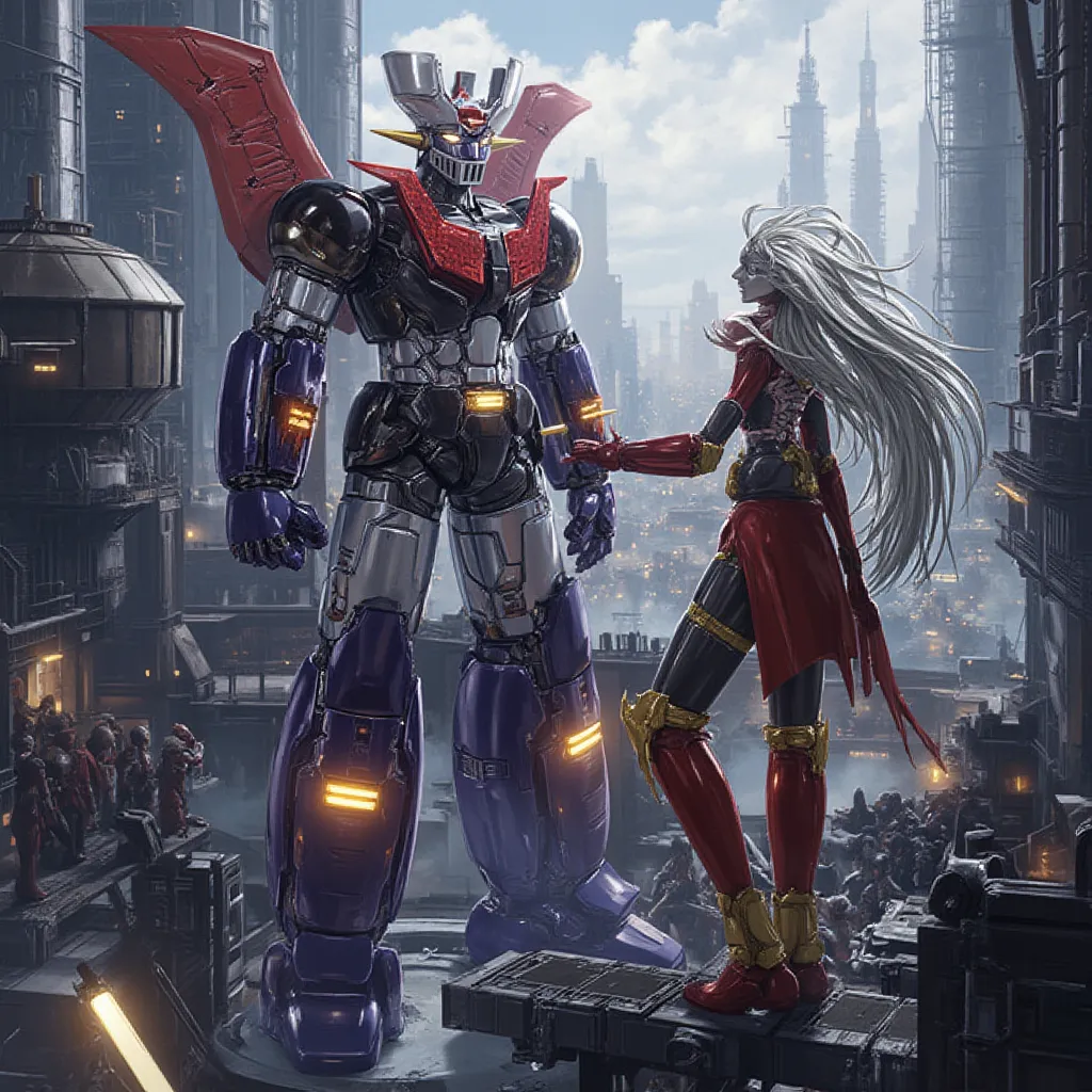 The remodeled Mazinger Z is the goddess of metal and the Android mecha Aphrodite has metal hair,  stands 100 meters high ahead .   is built with modern materials such as steel ,   Carbon Fiber  ,   Other industrial elements are also visible  ,  Just like t...