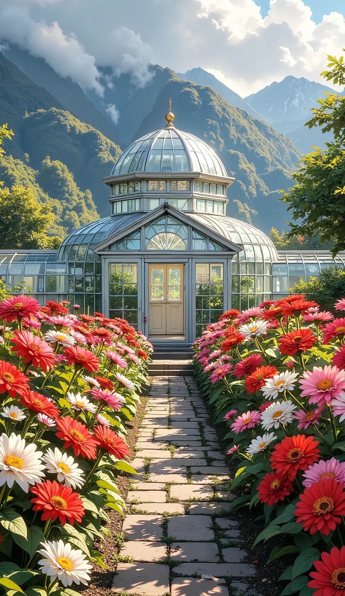 A vibrant garden filled with red dahlias and white zinnia flowers, next to a glass greenhouse, with a lush green mountain backdrop under a partly cloudy sky, captured in soft, diffused lighting