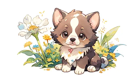 light brown puppy:1.5、 cute little 、 Big Eye、 fluffy fur 、 simple background 、 watercolor、Dandelion