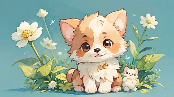 light brown puppy:1.5、 cute little 、 Big Eye、 fluffy fur 、 simple background 、 watercolor、Dandelion