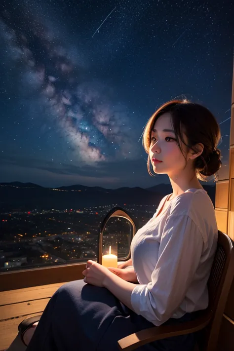 In the starry night sky、Woman sitting looking up at night sky