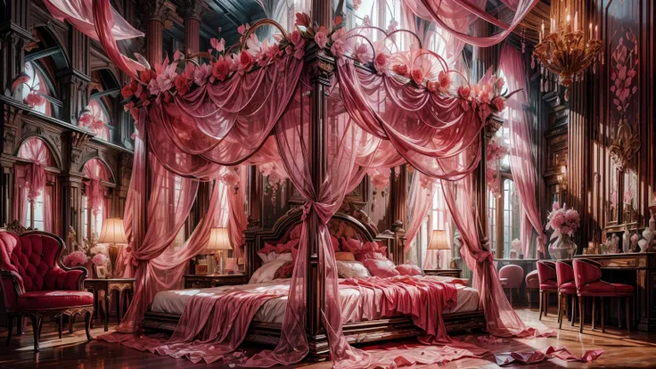 Best quality, masterpiece, ultra high res, raw photo, beautiful and aesthetic,deep shadow, fantasy theme,(ultra detailed:1.3), divine, royal bedroom, indoors, luxurious, canopy bed, full of curtains, pillows, jewelry, candlelight, queen chamber, pink room